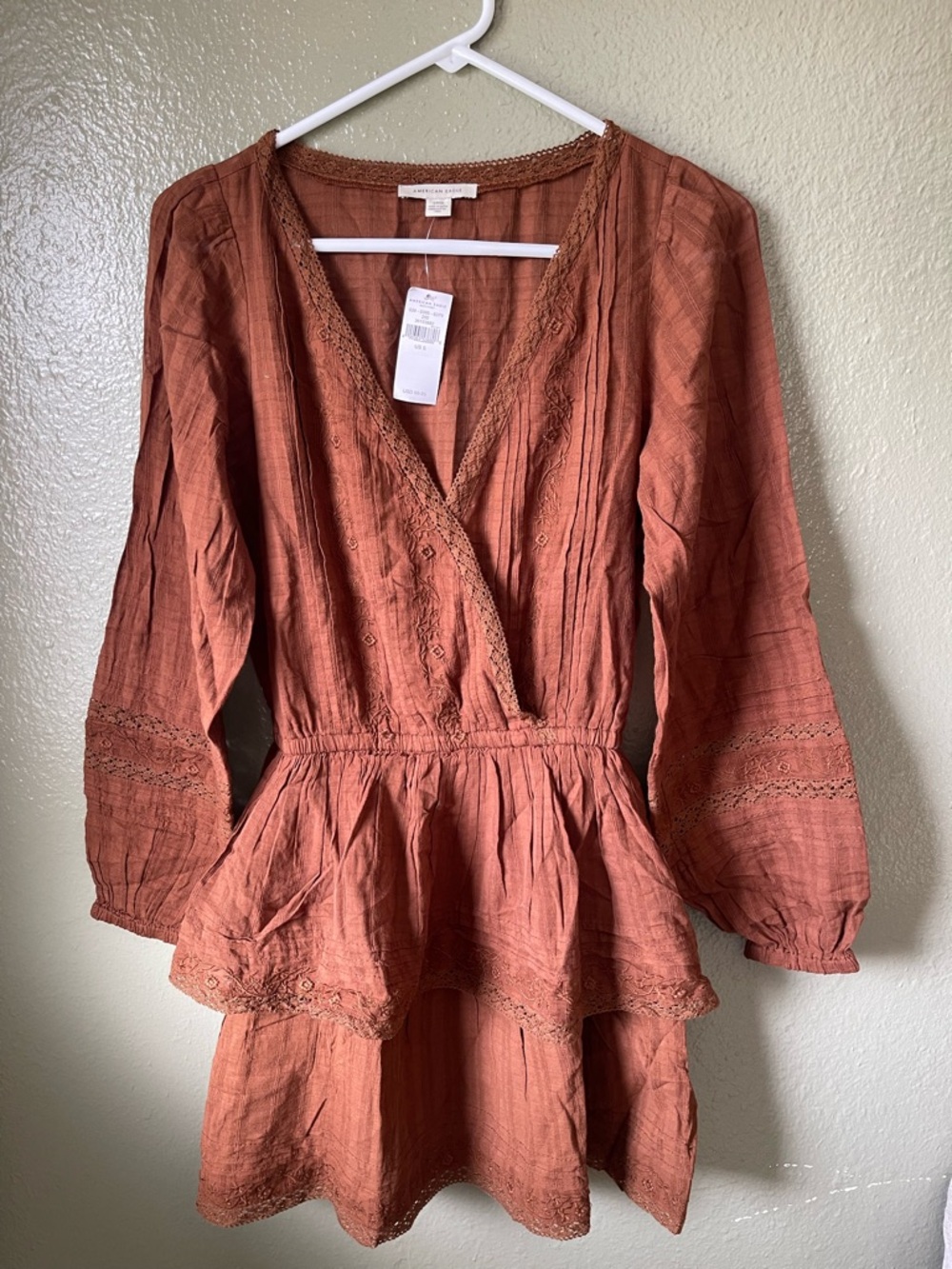 American Eagle Rust Brown V-Neck Peplum Dress